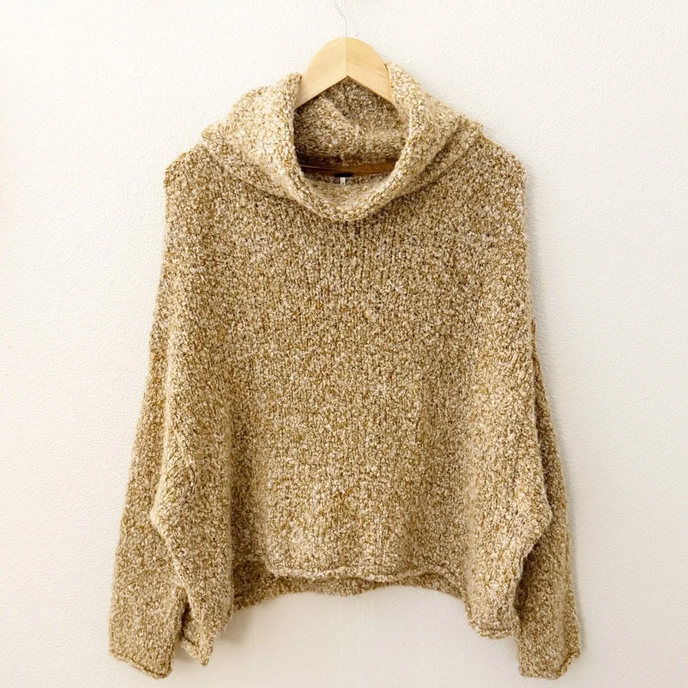 Free People BFF Cowl Neck Oversized Sweater Light Brown Boucle Knit Size Large
